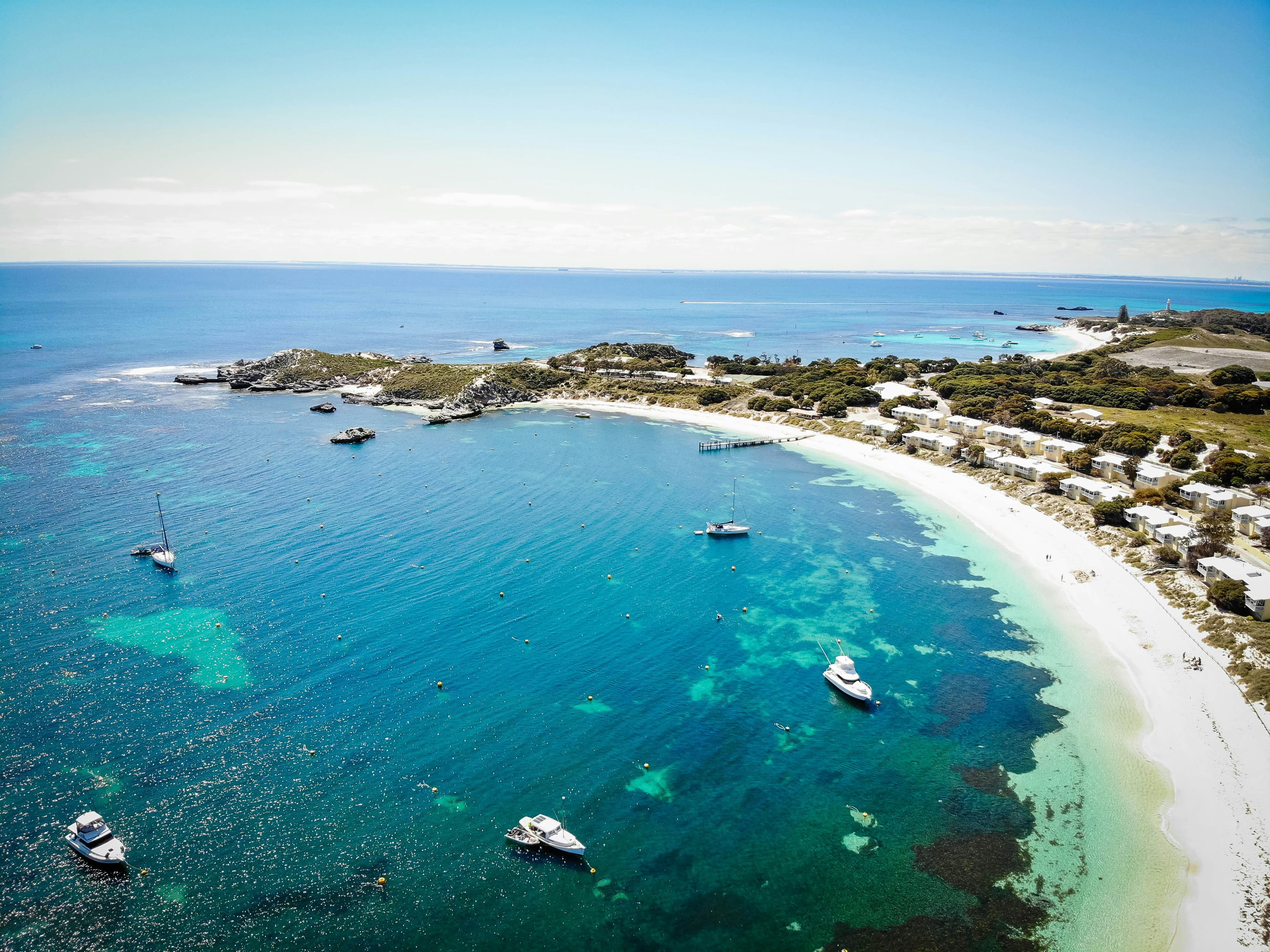 Aerial view of Rottnest Island with turquoise water and white sand
